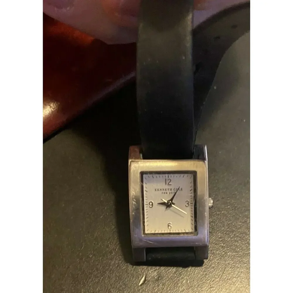 women's 20mm Kenneth Cole New York Watch, Brushed metal Case, Black Leather Band